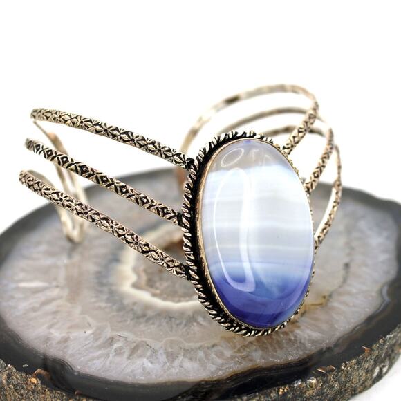 Sterling Silver Blue Agate Chevron Cuff Bracelet. - Picture 8 of 8